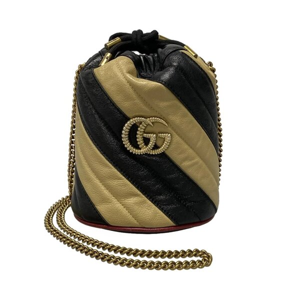 GUCCI GG Marmont Mini Bucket Black Beige Leather Shoulder Bag bran776-100325 - Picture 1 of 16